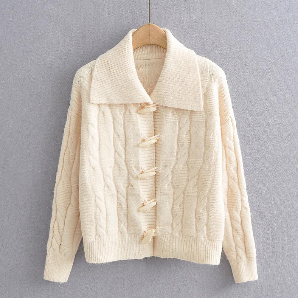 3 Colors Autumn 90s Vintage Lapel Twist Knitting Horn buttons Cardigan Women Single-breasted Sweater Long sleeve Short Jumper 210429