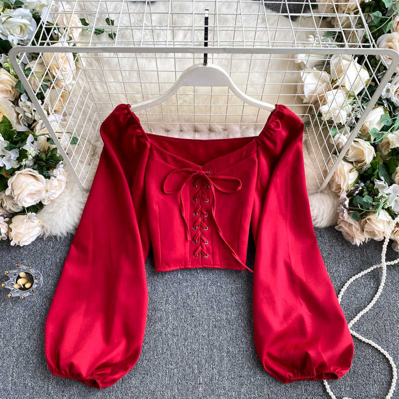 Lady Long Sleeve Short Tops Women Autumn Shirt Fashion Solid Color Sexy Blouse Vintage Clothing P525 210527