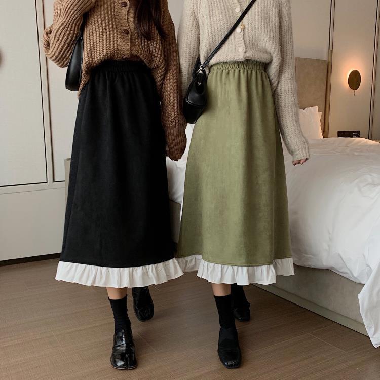 Nomikuma Korean Ruffle Hit Color Patchwork Women Skirt Causal Stretch High Waist A-line Skirts Autumn Faldas Mujer 6D183 210427