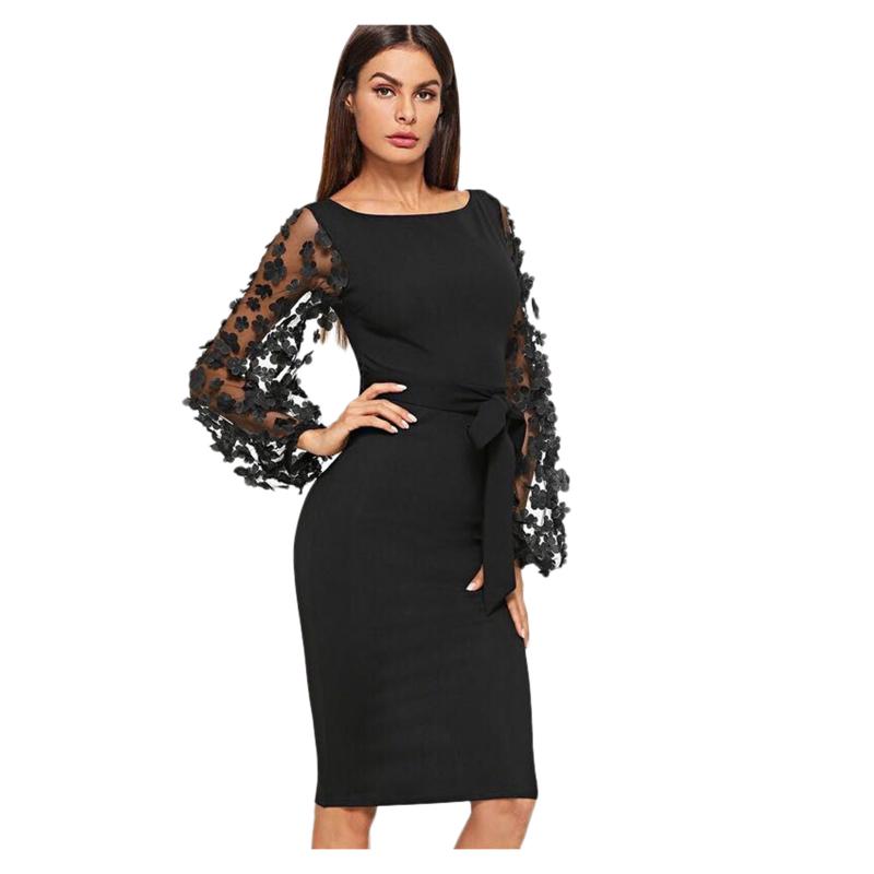 Women Sexy Boho Dress Slim Cross Applique Contrast Mesh Sleeve Tight Belt Casual Beach Summer Party Dresses