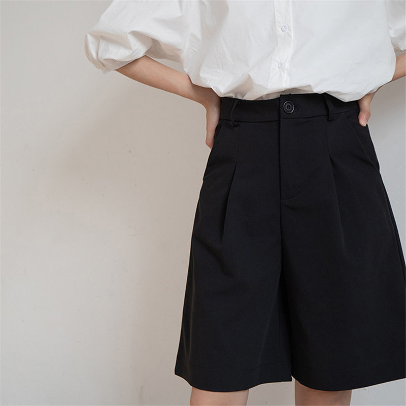 Black Solid Women's Loose Shorts BF High Waist Brief Chic Summer Large Size Casual Straight Female Wide Leg 210421