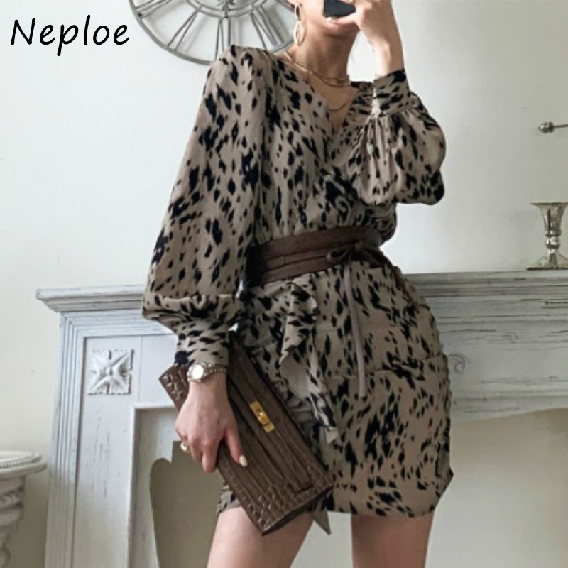Vintage Leopard Pattern Temperament Ol Dress Women High Waist Hip Bodycon Vestidos French Slim Sashes Robe Spring 210422