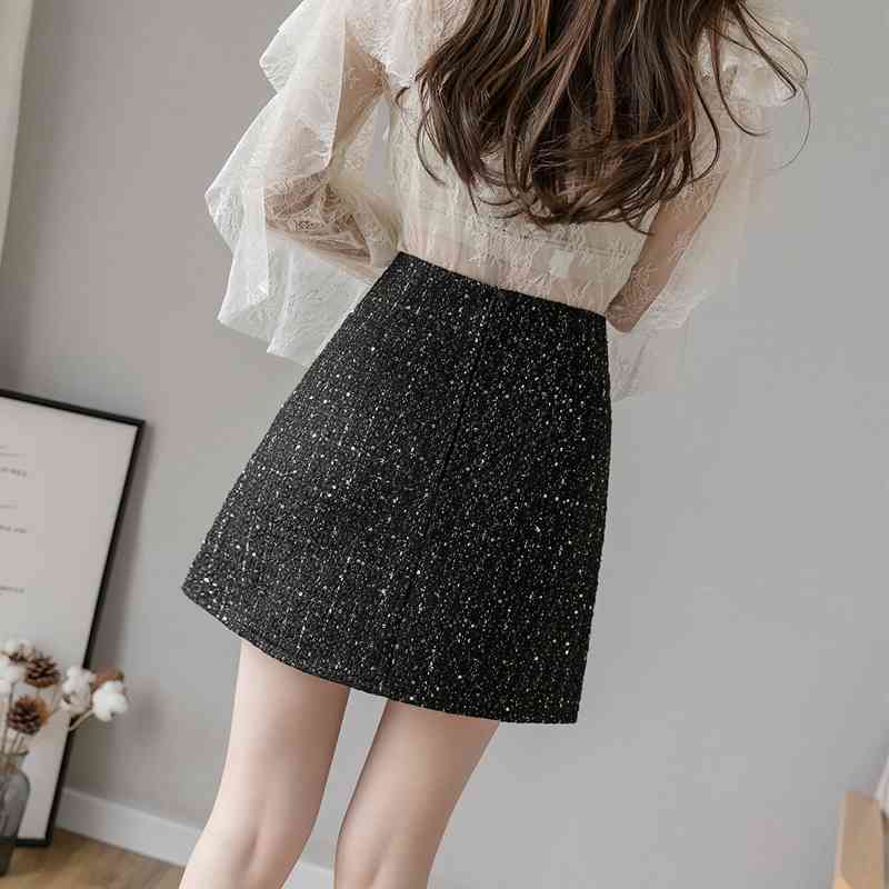 Winter Wool Skirt Womens Single-Breasted Pocket Front Glitter Tweed Mini Saia Feminina 210520