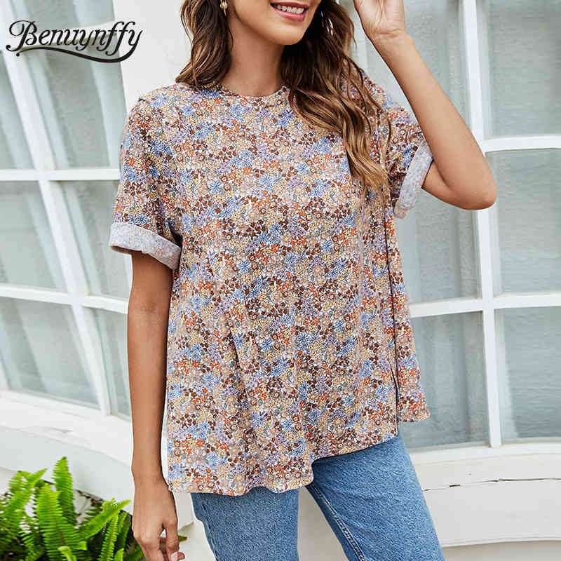 Crew Neck Floral Print Split Tops Blouses Summer Short Sleeve Loose Casual Boho Womens and 210510