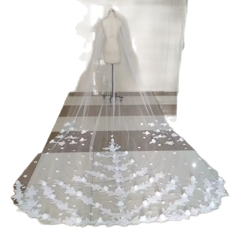 3D Floral Long Wedding Veil One Layer Tulle Appliques Vestido De Noiva White Custom Made Elegant Bridal Wraps with Comb