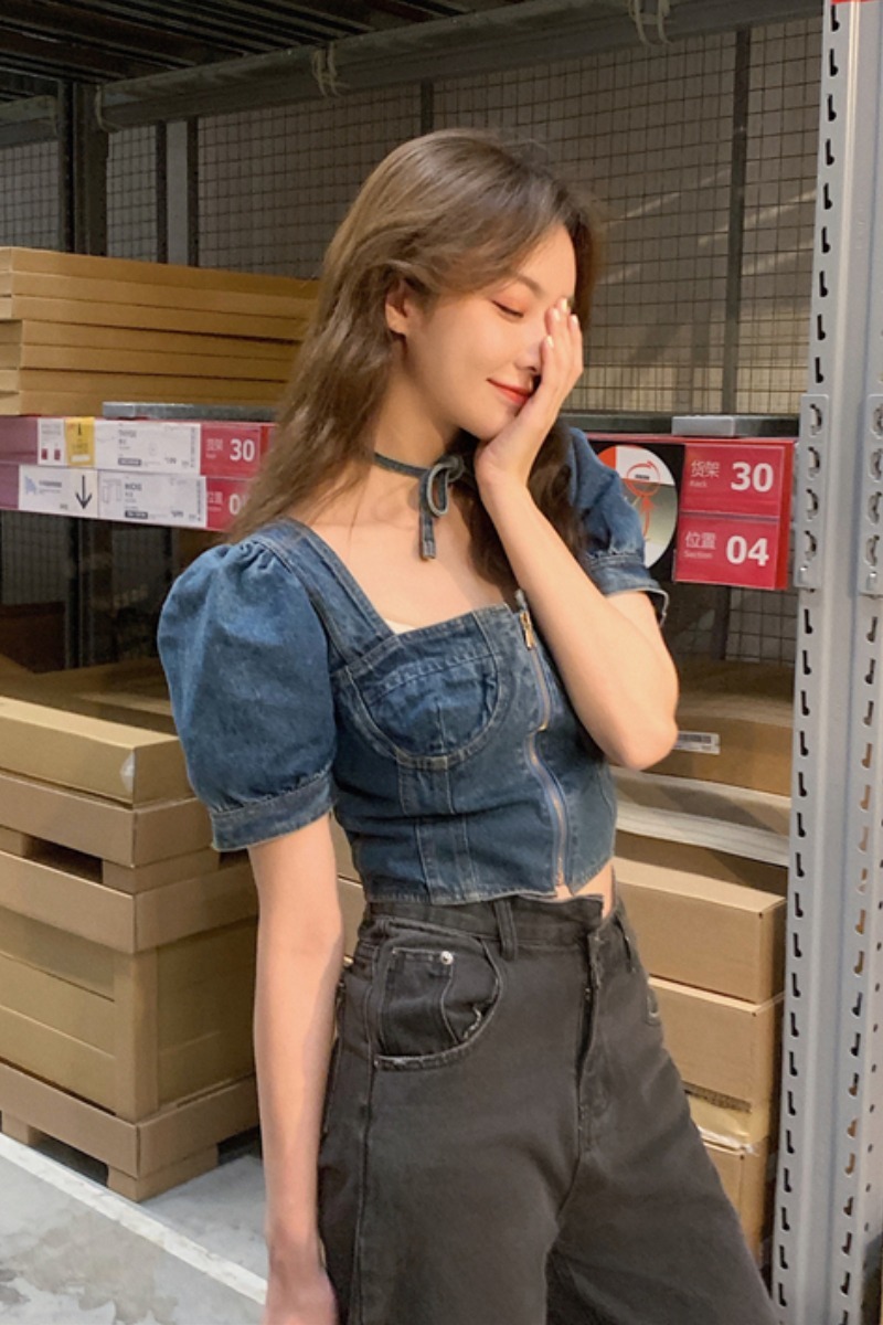 Chic Korean Vintage Shirts & Blouses Square Neck Puff Short Sleeve Zipper Crop Tops Denim Blouse Women Casual Blusas De Mujer 210429