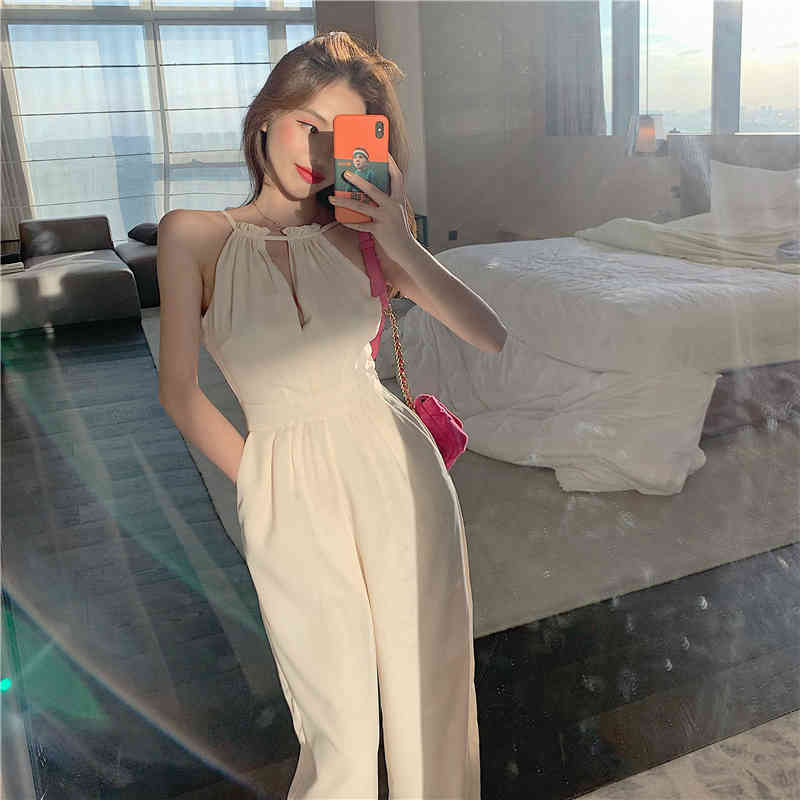 Sexy Halter Sleeveless Jumpsuits&Rompers White Casual Jumpsuits Women Summer Temperament High Waist Loose Straight Hollow Out 210429