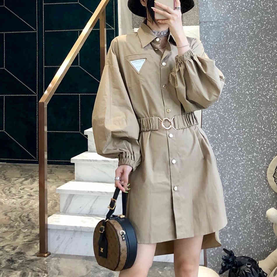 Free Spring Women's Loose Shirt Dress Lapel Lantern Sleeve With Belt Single Breasted Casual Midi Dresses 210524