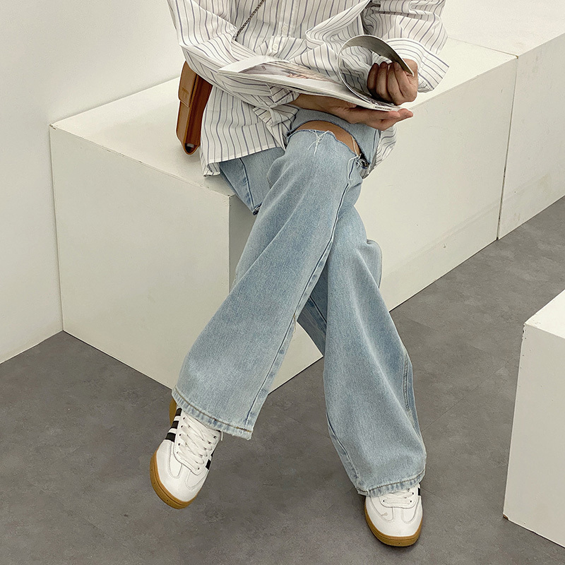 IEFB Men's Denim Trousers Korean Spring Summer Light Blue Jeans With Holes For Male Straight Denim Pants Vintage 9Y6223 210524