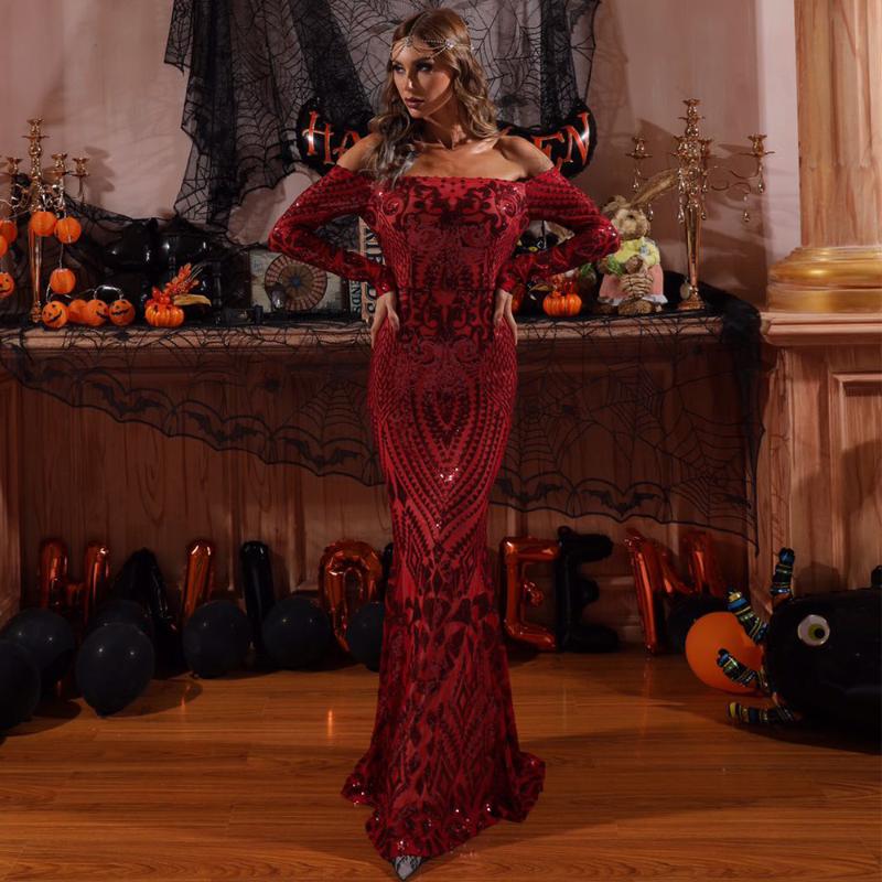 Missord Women Long Sleeve Sexy Off The Shoulder Evening Party Dress Vintage Red Christmas Sequin Maxi Dresses FT8249 Casual