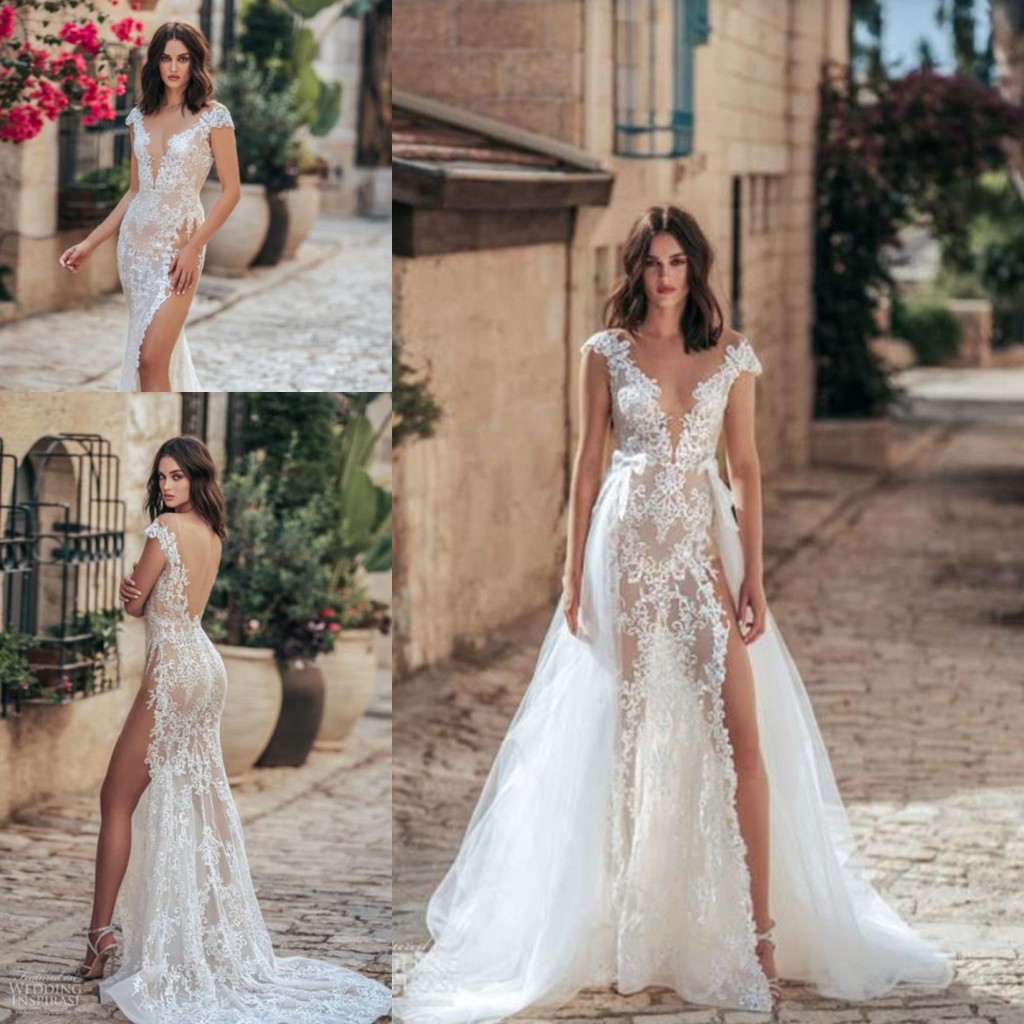 Sheer Neck Mermaid Wedding Dresses with Detachabel Train 2022 Berta Backless Trumpet Full Lace Garden civil Bridal Dress vestido novia