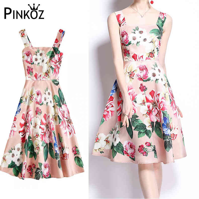 summer midi dress A-line spaghetti strap camisole pink flower dresses for women high waist party casual robe de mujer 2xl 210421
