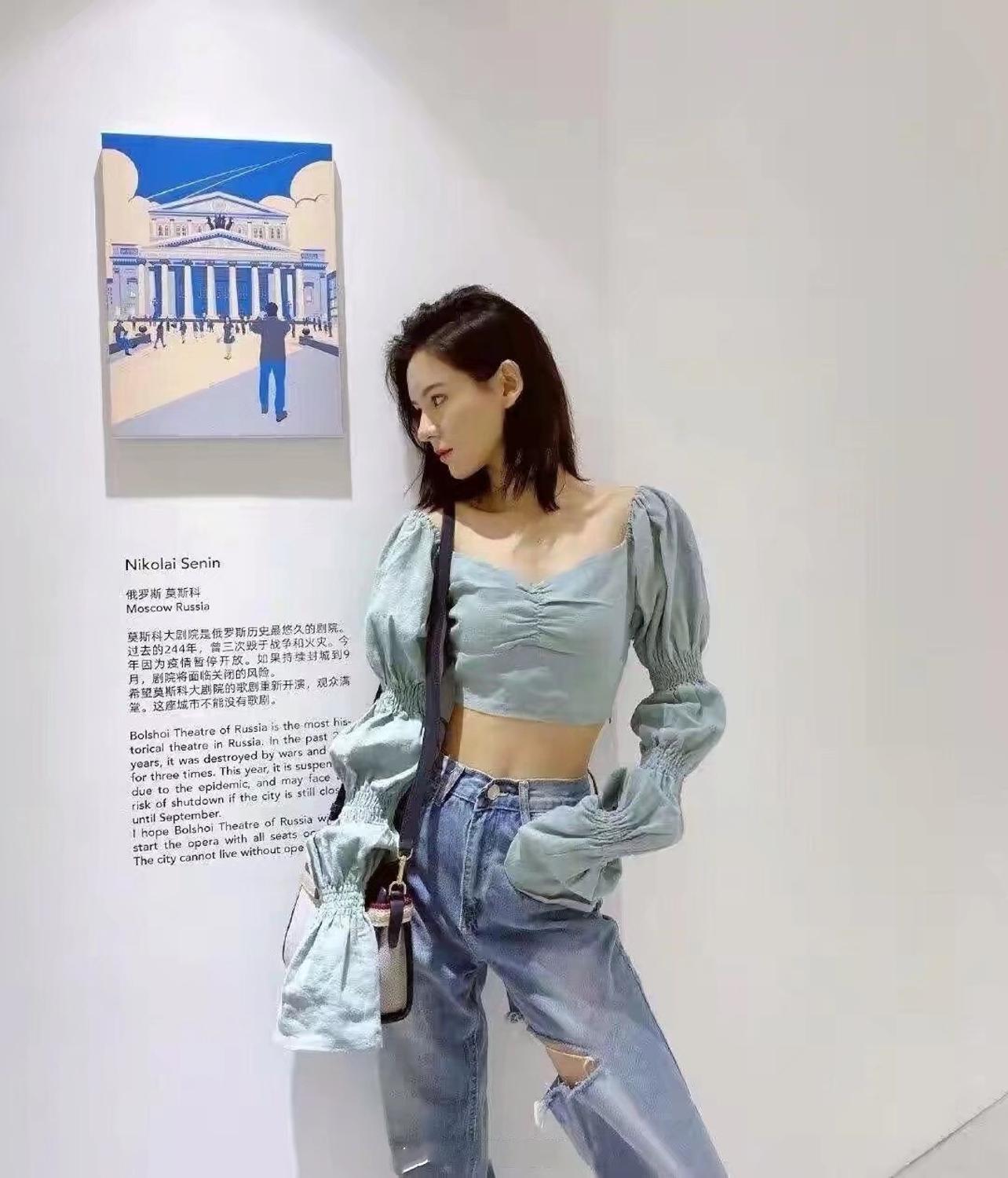 Retro Elastic Ruched High Waist Cropped Shirt Sexy Women Square Collar Pullover Blouse Long Sleep Leg Sleeve Tops 210429