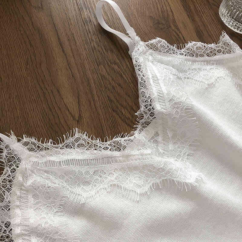 Lace lace suspender women's sexy eyelash side open back floral vest bottomless top elastic ice silk knitting 210515