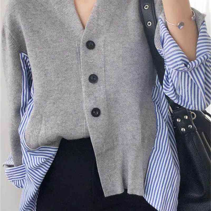 Korean Cardigan Women Single Breasted Striped Shirt Patchwork Sweater Coat Loose Autumn Top Off Shoulder Sweater Women Cardigan 210421