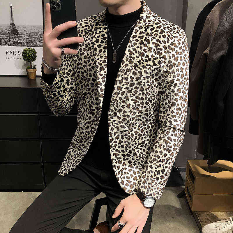 Mens Leopard Blazer Nightclub Prom Party Outfit Stagewear Male Suit Jacket Masculino Slim Fit M-3XL Hombre 211120
