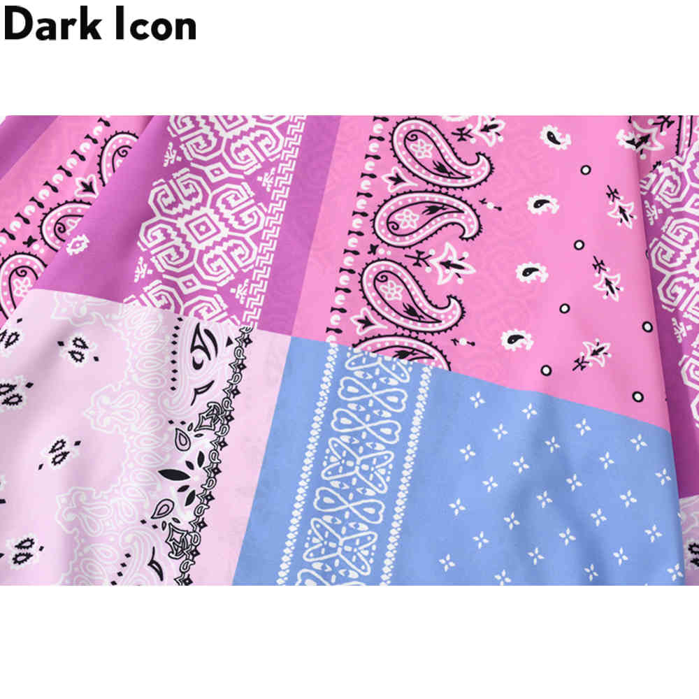 Dark Icon Pink Blue Patchwork Bandana Shirt Men Streetwear Men's Shirts Long Sleeve Male Tops 210410
