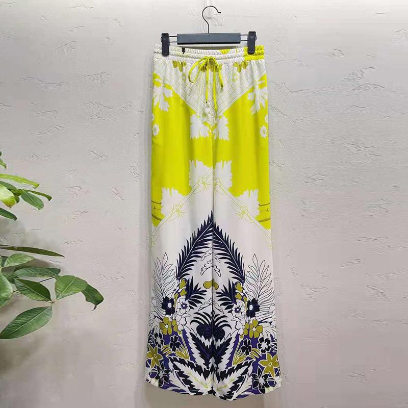 Women's Two Piece Pants AELESEEN Runway Fashion 2 Pieces Sets V-Neck Flare Sleeve With Feather Blouse+ Full-Lenght Waist Elastic Flower Prin