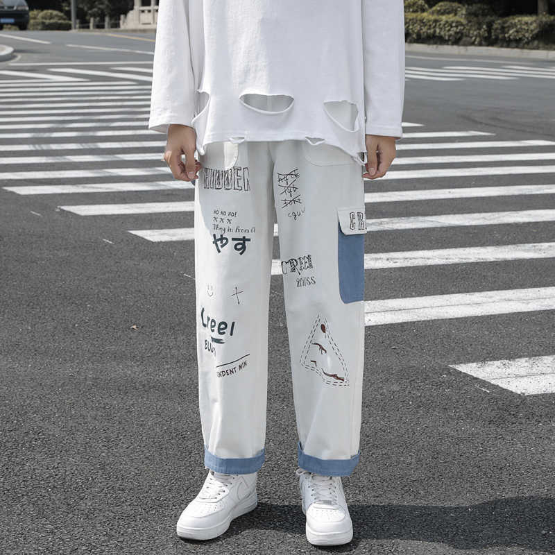 Straight Denim Jeans Men Graphic Printed Jeans Streetwear Jeans Man Wildleg Pants Hip Hop Korean Harajuku Fashion Pants 210930