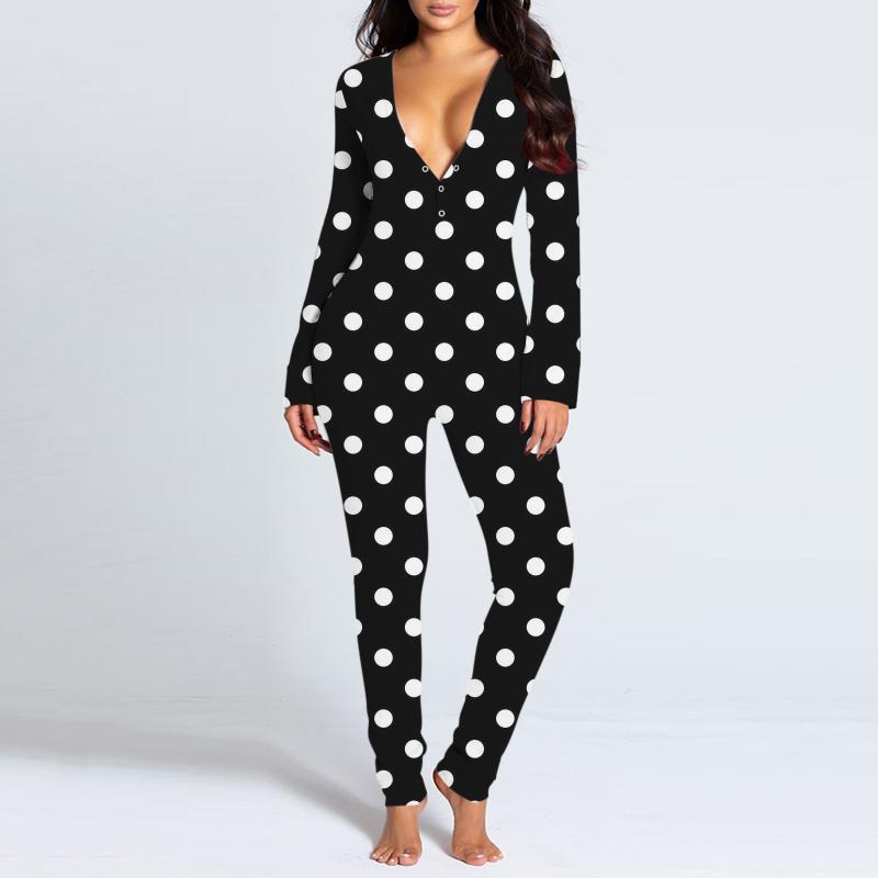Women's Jumpsuits & Rompers Button-down Print Functional Buttoned Flap Adults Jumpsuit High Quality Home Sleepwear Onesie