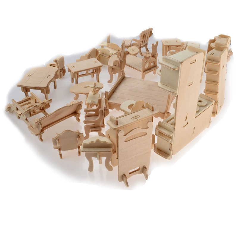 Wooden Doll House Dollhouse Furnitures Jigsaw Puzzle Scale Miniature Models DIY Accessories Factory Price Wholesale 34 Pcs