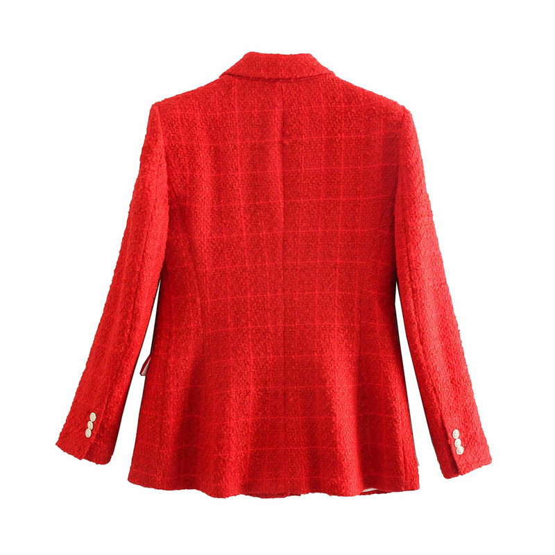 Evfer Fashion Women Double Breasted Long Sleeve Za Red Tweed Slim Blazer Outwear Chic Lady Casual Pockets Thick Jackets 210421