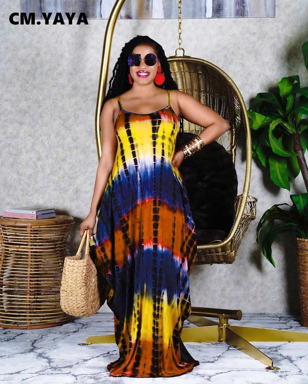 CM.YAYA Women Tie Dye Print Maxi Beach Dress Sleevless Spaghetti Slim with Pocket Vintage Long Dresses Summer Vestidos 5 Colors 210630