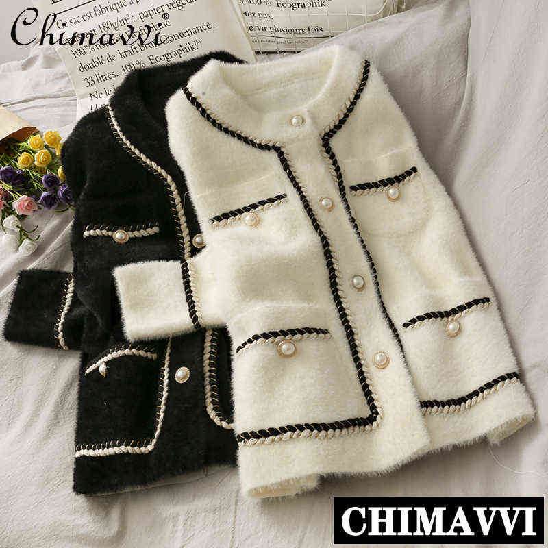 Mink Cashmere Loose Sweater Cardigan Jacket Women Autumn and Winter Short Bright Silk Stripe Thickened Knitted Top Coat 211117