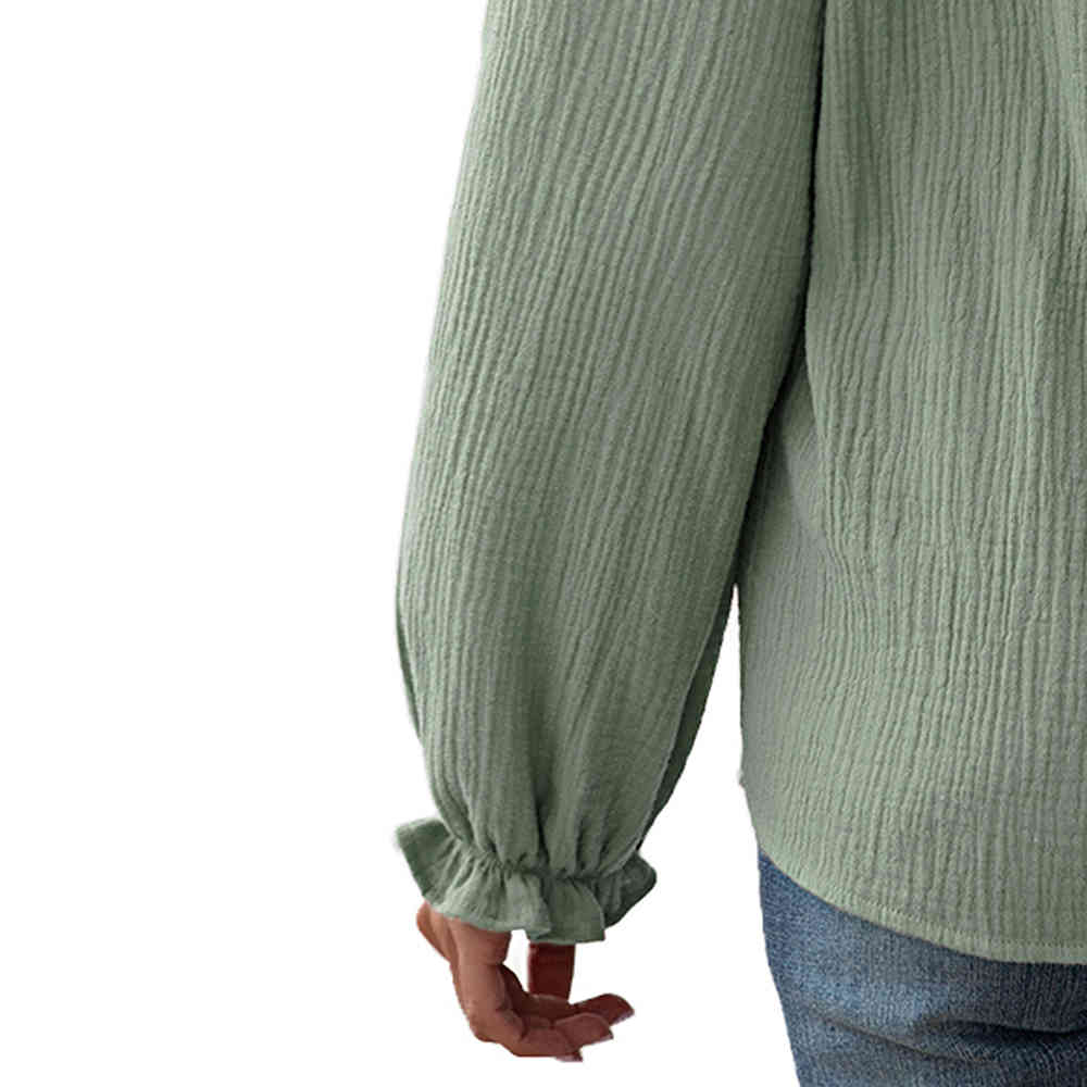 Tops And Blouses Women Casual Loose Solid Green Ruffle Off Shoulder Cotton And Linen Ladies Shirts Fashion Spring Autumn 210415