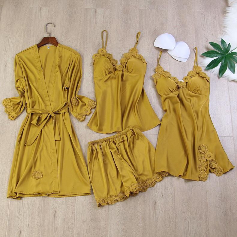 Leisure Female Nightwear Lace Kimono Bathrobe Gown 4PCS Sleepwear Strap Top Robe With Belt Spring Faux Silk Nightdress Women's