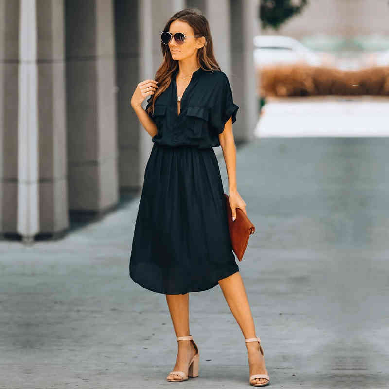 Casual Black Tunic Beach Cover Up Elegant V-neck High Waist Summer Dress Women wear Swimsuit Q1091 210420