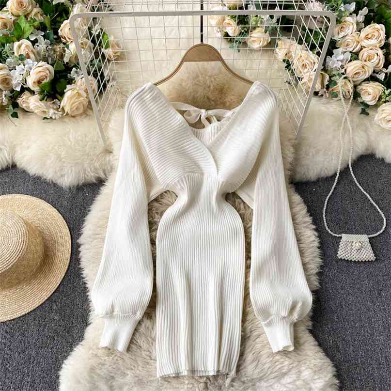 

Women Knitted Sweater Dress Spaghetti Strap Long Batwing Sleeve Bodycon Sexy Lace-up Party Robe 210603, White