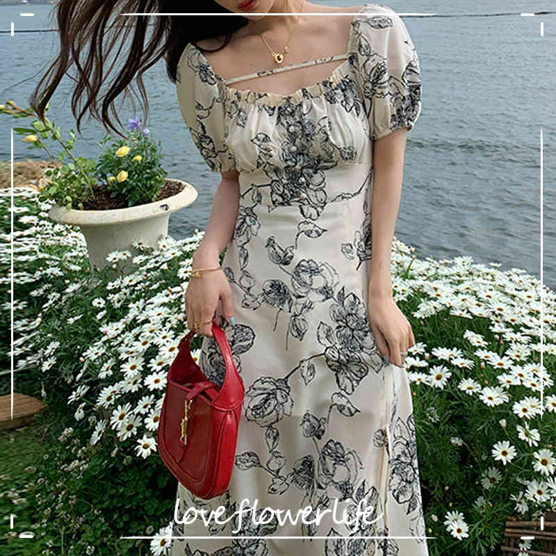 Design Vintage Sexy Dresses Women Short Sleeve Floral Nidi Dresses Ladies Elegant Korean Fashion Square Coolar Summer Y2K 210521, Apricot
Design Vintage Sexy Dresses Women Short Sleeve Floral Nidi Dresses Ladies Elegant Korean Fashion Square Coolar Summer Y2K 210521, Apricot