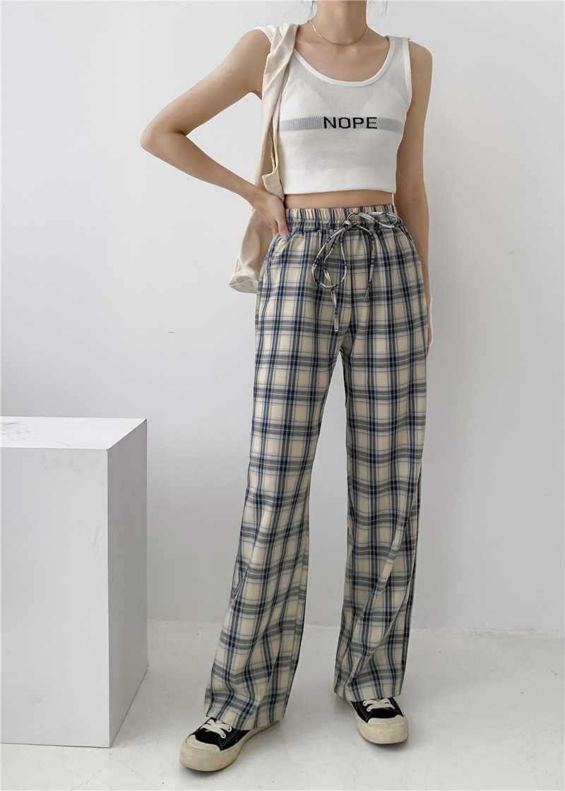 H.SA Wide Leg Pants Women Long Floor Trousers Elestic Tie Waist Plaid Loose Wide Leg Trouser Retro Streetwear Straight Trousers 210716