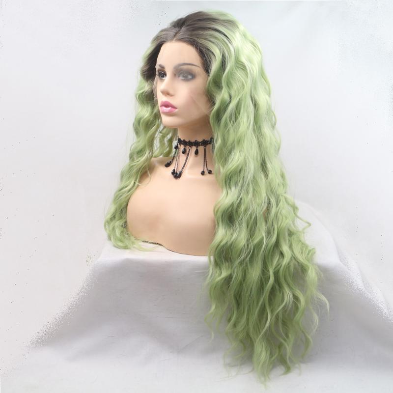 Synthetic Wigs Lace Front Wig Dark Lime Mint Green Curly For Black Women Ombre Body Wave Frontal Hair Lolita Cosplay