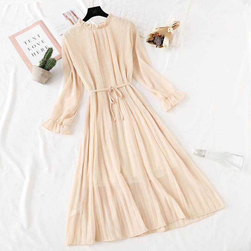 Women Autumn Chiffon Dress Long Sleeve Vintage Solid Lotus Leaf Neck Pleated Dress Long Robe Women Casual Dresses 210521