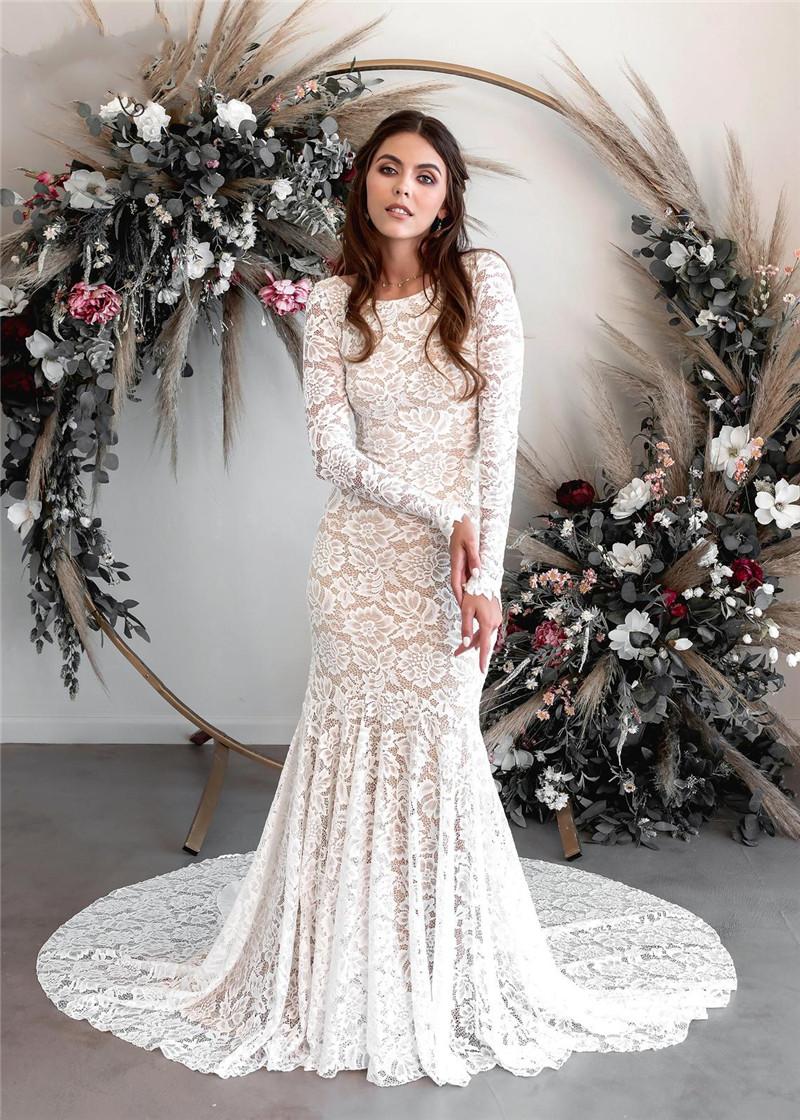 Wedding Vintage Bohemian Mermaid Dresses 2022 Sexy Full Lace Backless Long Sleeve Beach Boho Country Bridal Dress Vestidos De Novia