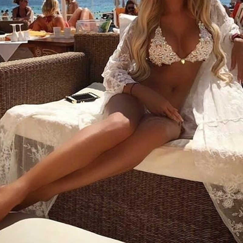 Lace Bikini Diamond Swimsuit Crystal Women Swimwear Bandage Halter s Set Brazilian Beachwear Push Up 210625