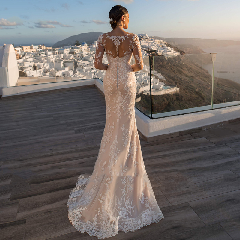 2022 Luxury Mermaid Wedding Dresses Long Sleeve Back Button Detachable Train 2 In 1 Lace Appliques Wedding Gowns Illusion V-Neck Tulle Bridal Dress Ta