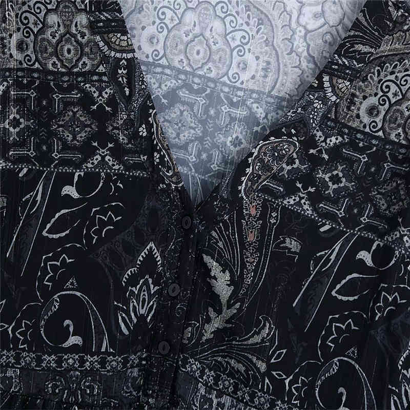 Vintage Woman Black Ruffles Seethrough Chiffon Mini Dress Spring Fashion Ladies V Neck Dresses Female Print 210515