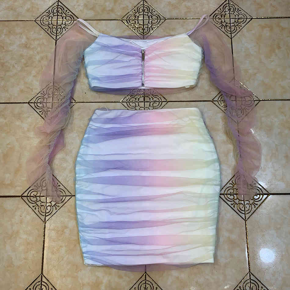 Free Women's Gradient Color Set Sexy Draped Tulle Long Sleeve Short Top & Mini Skirt Club Party Two-piece 210524