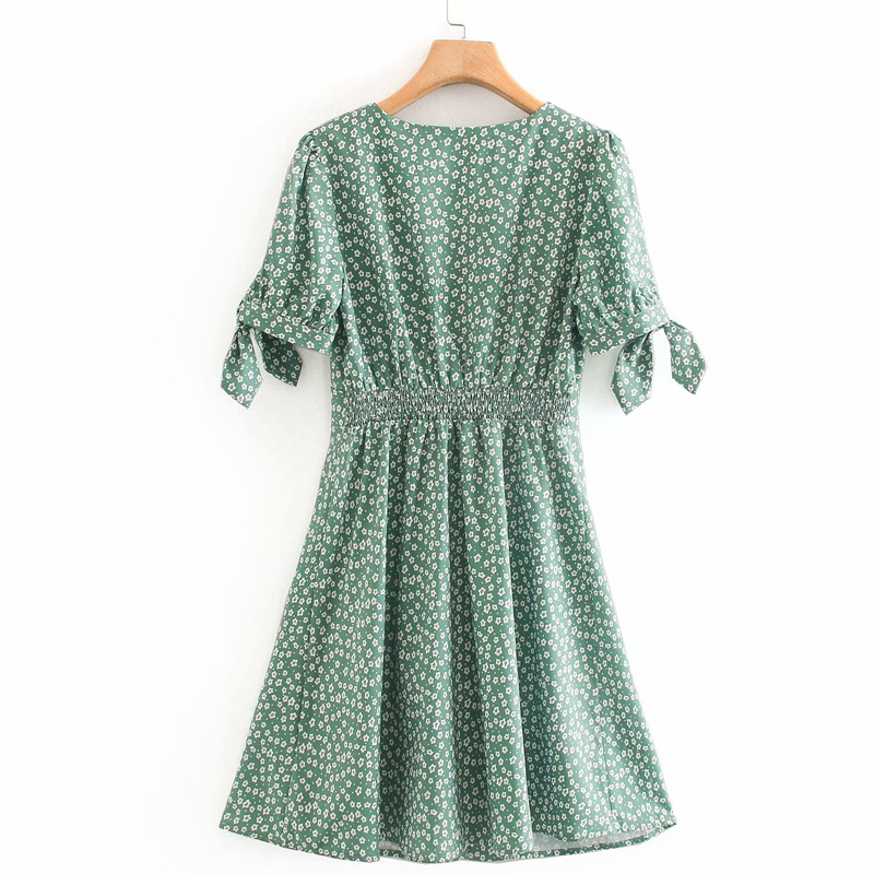 Women's Summer Dresses with Short Bow Ties and V-neck Female Small Fresh Fashion Chiffon Floral Slim Dress with Elastic Waist 210507