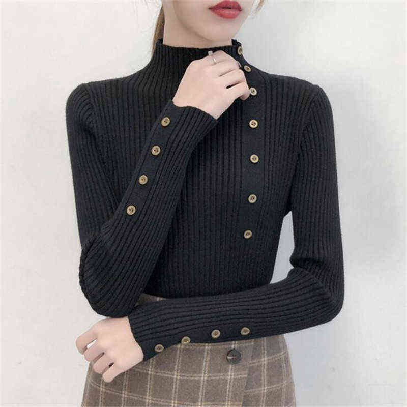 Women Autumn Knitted Slim Sweaters Solid Knitted Female Cotton Soft Elastic Color Pullovers Button Full Sleeve Turtleneck 211109
