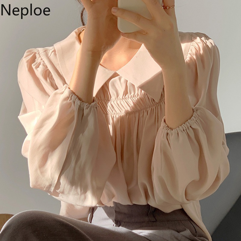 Neploe Korean Chic Women Blouses Spring Summer Casual Pleated Shirts All Match Peter Pan Collar Vintage Temperament Chiffon Tops 210422