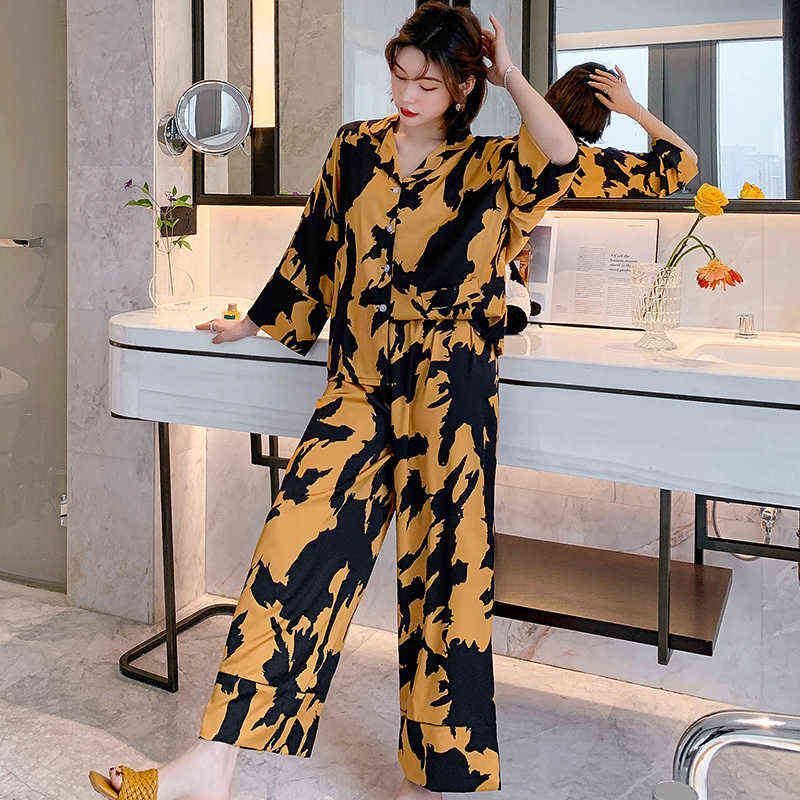 pyjamas loungewear Sleepwear silk Women's home clothes two piece sets nighty for ladies Long Sleeve Sleeping Shirt 211112