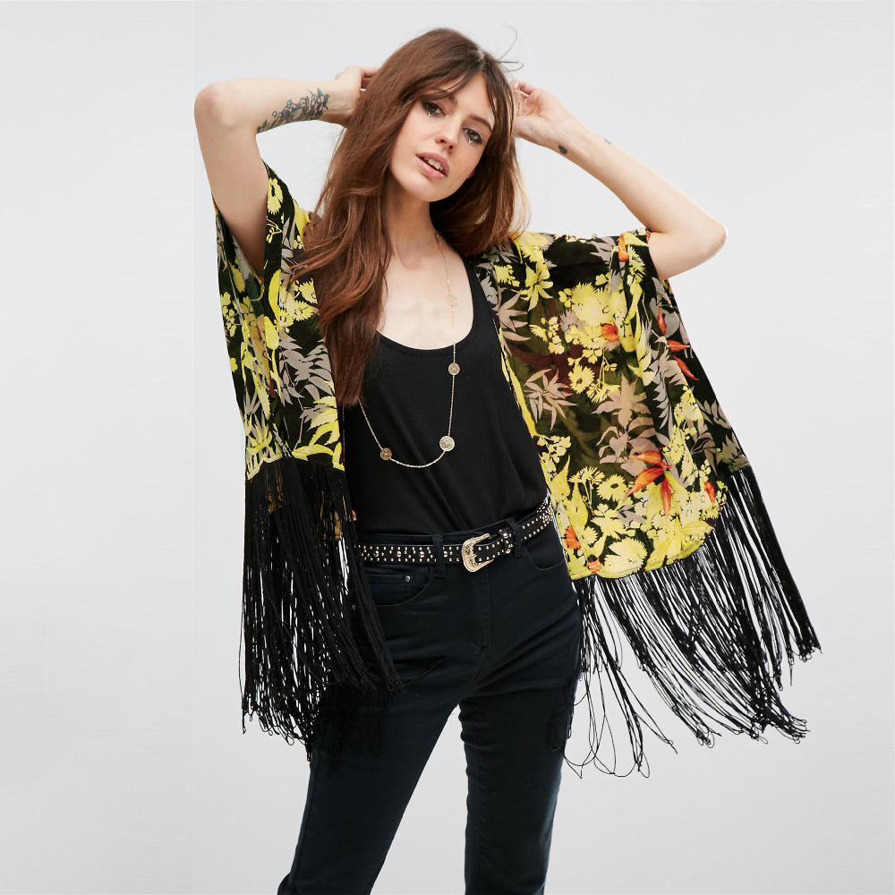 Boho Floral Printed Fringed Chiffon Bikini Cover-ups Plus Size Beach Wear Kimono Dress Women Summer Swimsuit Cover Up A799 210420