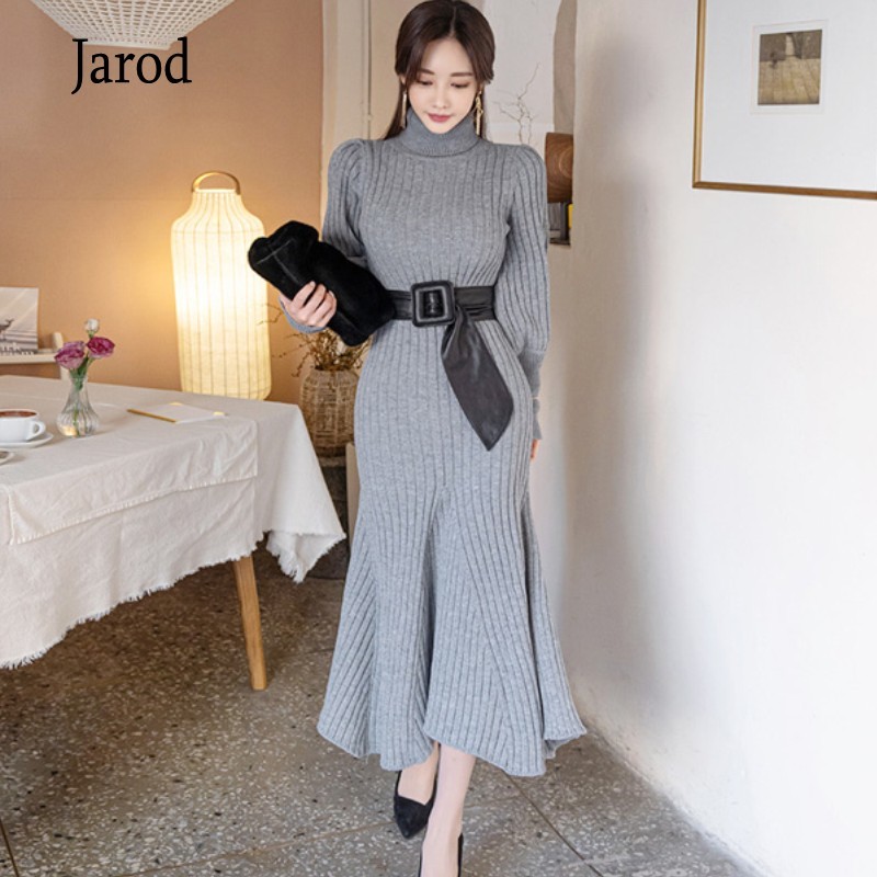 Autumn Winter Thick Knitted Mermaid Maxi Dress Women Warm Fashion Korean Lantern Sleeve Sweater Vestidos With Belt 210519