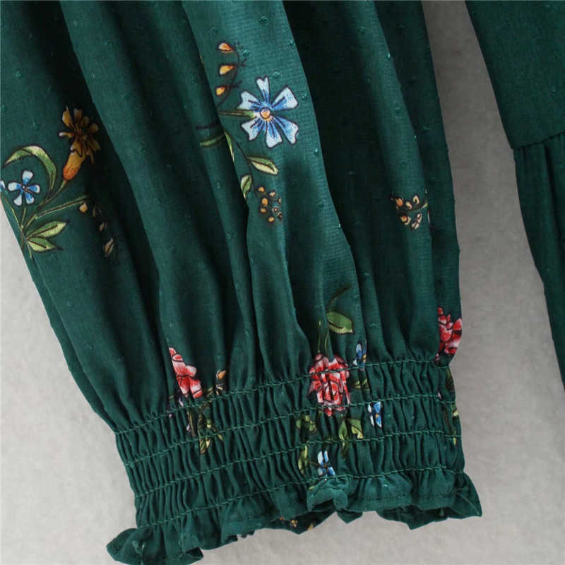 ZA Green Print Mini Dress Women Long Puff Sleeve Elastic Waistband Vintage Party Dresses Woman Back Opening Vestidos 210602