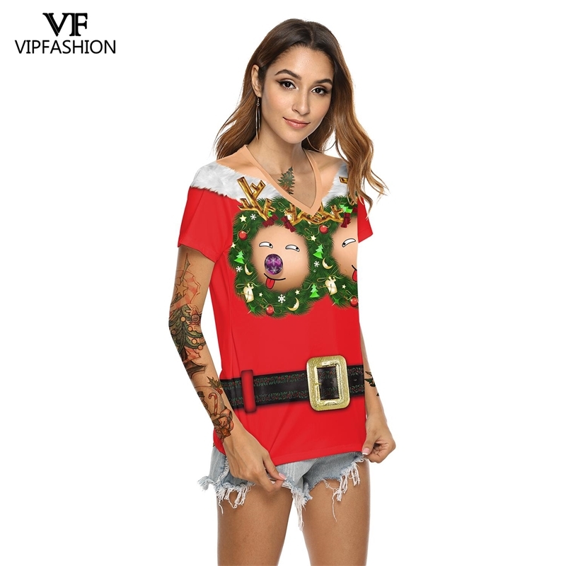 VIP FASHION Harajuku Summer Woman Funny Christmas Printed T-Shirts Women V-Neck Short Sleeve Casual 3D Party Top Tee Shirt 210406