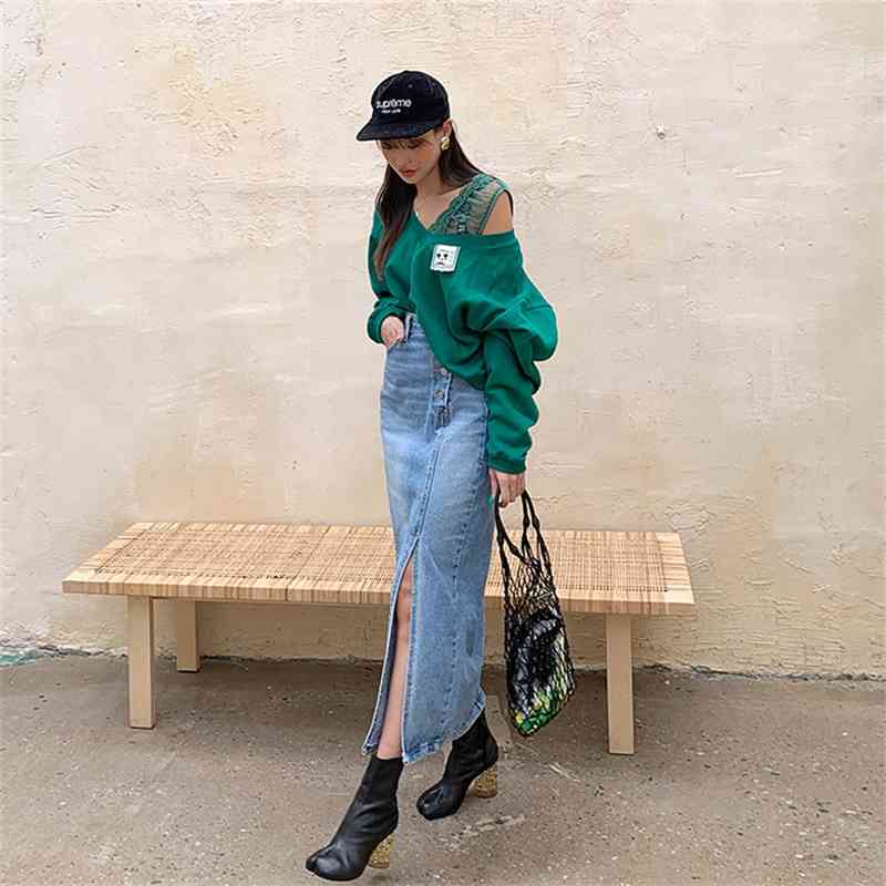 Korea New Denim Skirts Fashion Split Long Skirts Solid Party High Waist Jeans Skirt for Women 210421